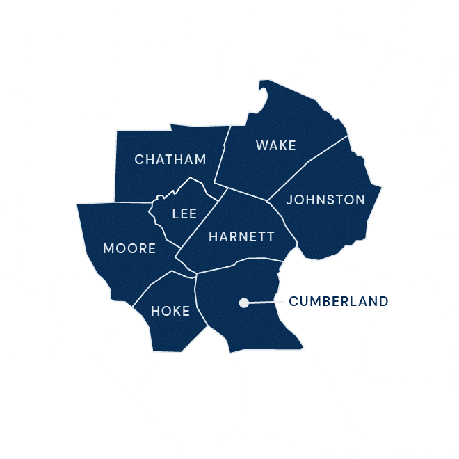 A Map of area withe Chatham, Wake, Lee, Johnston, Moore, Hoke, Harnett, and Cumberland Counties colored in.